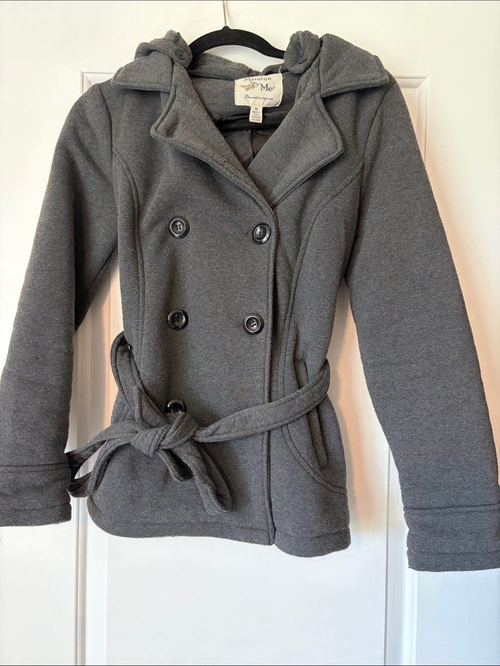 Maralyn & Me Charcoal Gray Double-Breasted Hooded Pea Coat